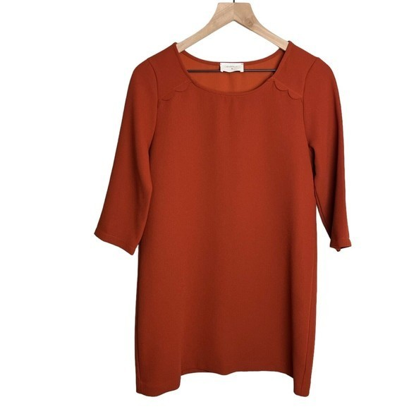 Everly Womens Rust Brown Scallop Detail 3/4 Sleeve Shift‎ Mini Dress Small - Picture 1 of 5